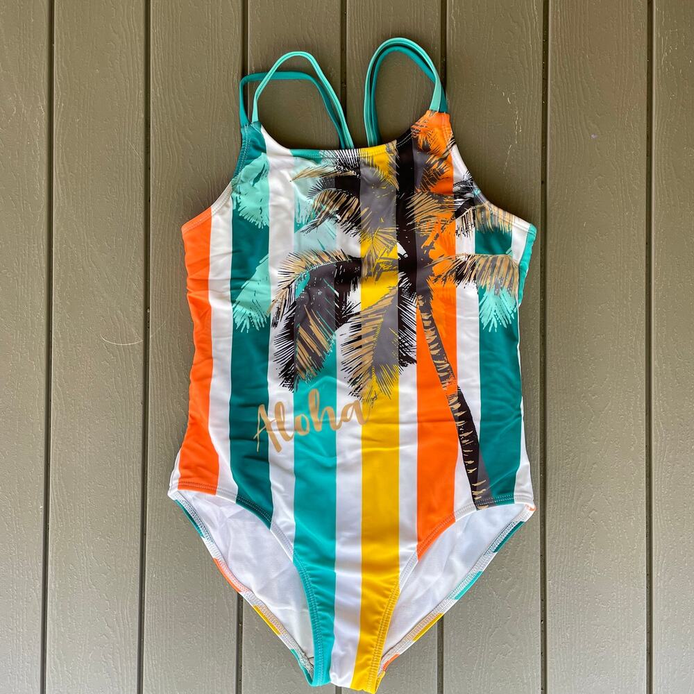 Girls Swimsuit One-piece Swim Sport Wonder Nation Green Orange Large 10/12 GUC